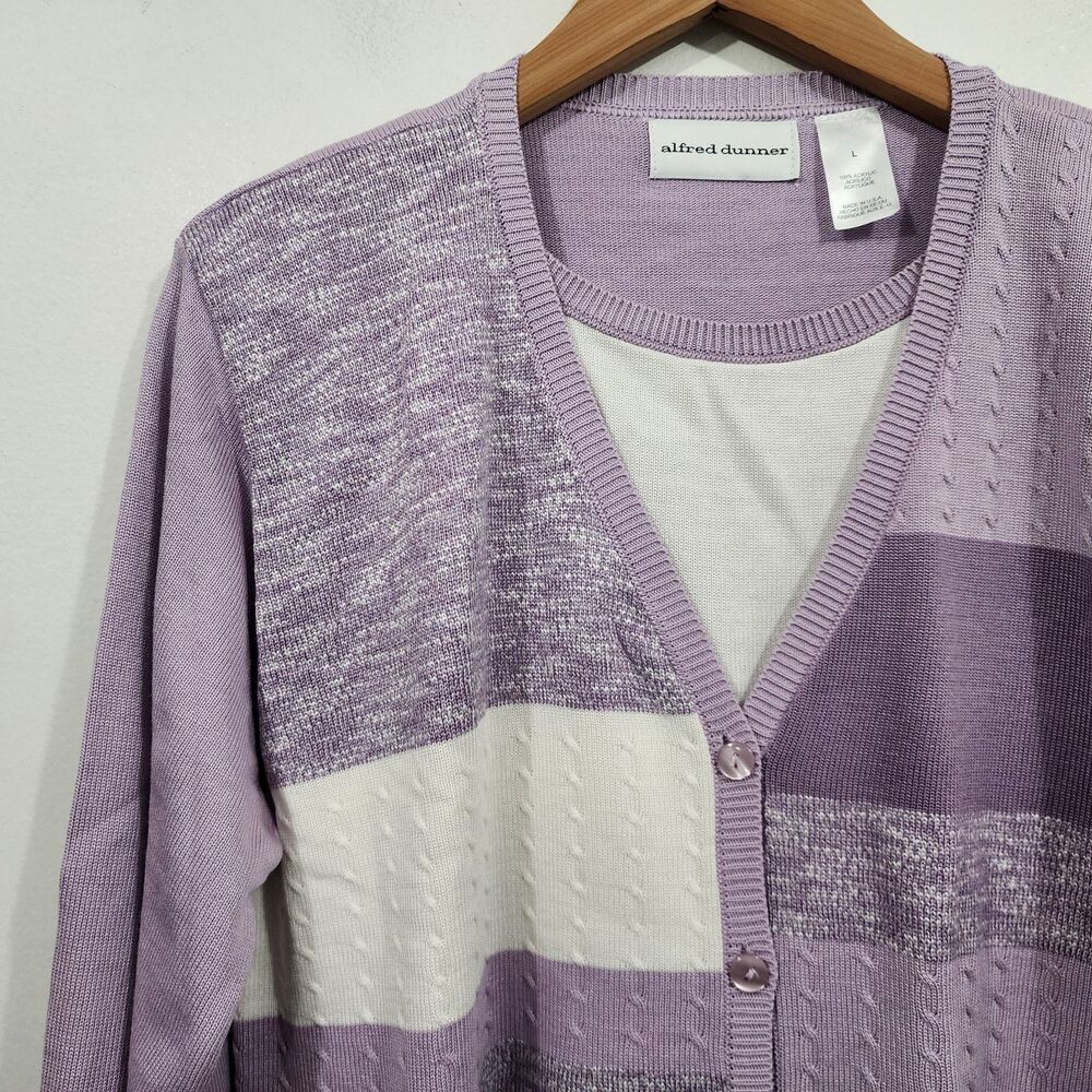 Alfred Dunner Blurred Stripes Knit Cardigan Button-front Purple White Womens L - Picture 3 of 14